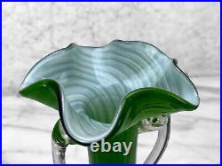 Mid-Century Atomic Sculpted Spiraled Green Art Glass Vases A Pair