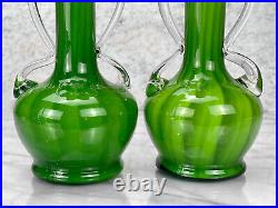 Mid-Century Atomic Sculpted Spiraled Green Art Glass Vases A Pair