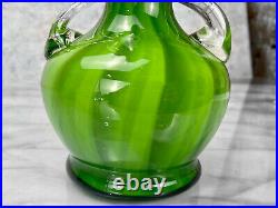 Mid-Century Atomic Sculpted Spiraled Green Art Glass Vases A Pair