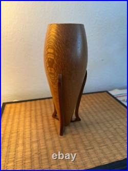 Mid Century Atomic Style Artisan Turned Carved Wood Art Vase 9 MCM Signed