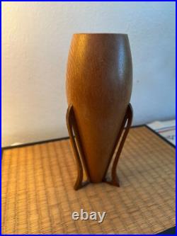 Mid Century Atomic Style Artisan Turned Carved Wood Art Vase 9 MCM Signed