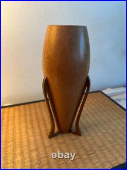 Mid Century Atomic Style Artisan Turned Carved Wood Art Vase 9 MCM Signed