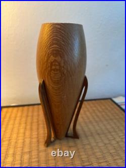 Mid Century Atomic Style Artisan Turned Carved Wood Art Vase 9 MCM Signed