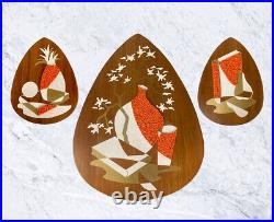 Mid-Century Atomic Walnut Orange Popcorn Wall Hanging Plaques Set of 3 Mid-Century Atomic Walnut Orange Popcorn Wall Hanging Plaques Set of 3