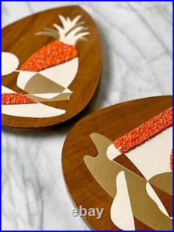 Mid-Century Atomic Walnut Orange Popcorn Wall Hanging Plaques Set of 3