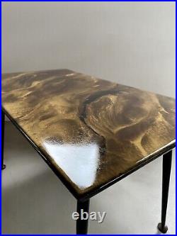 Mid-Century French Atomic Lacquered Coffee Table Marble Effect Top, Metal Legs