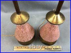 Mid-Century MOD Atomic Retro Table Lamps Pink Glass Gold Fiberglass Shades