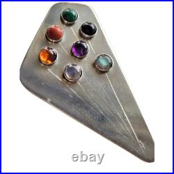 Mid Century Modern Atomic Design Sterling Silver Multi Gemstone Brooch Artisan