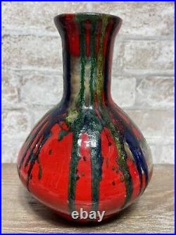 Mid Century Modern Atomic Red Drip Vase Red Blue Green Signed Polle O. Unique