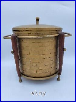 Mid-Century Modern Brass Tone Metal Wood Glass Atomic Ice Bucket MCM