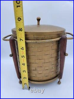 Mid-Century Modern Brass Tone Metal Wood Glass Atomic Ice Bucket MCM