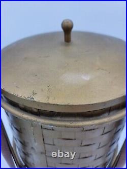 Mid-Century Modern Brass Tone Metal Wood Glass Atomic Ice Bucket MCM