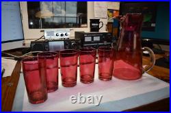 Mid Century Modern Etched Atomic Starbursts Pitcher And 5 Glasses In Cranberry