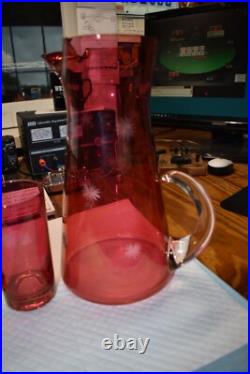 Mid Century Modern Etched Atomic Starbursts Pitcher And 5 Glasses In Cranberry