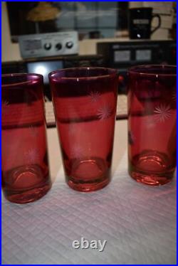Mid Century Modern Etched Atomic Starbursts Pitcher And 5 Glasses In Cranberry