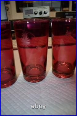 Mid Century Modern Etched Atomic Starbursts Pitcher And 5 Glasses In Cranberry
