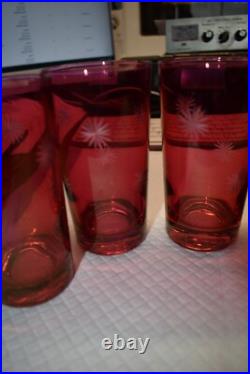 Mid Century Modern Etched Atomic Starbursts Pitcher And 5 Glasses In Cranberry