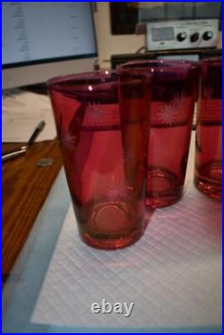 Mid Century Modern Etched Atomic Starbursts Pitcher And 5 Glasses In Cranberry
