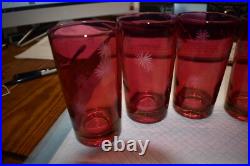 Mid Century Modern Etched Atomic Starbursts Pitcher And 5 Glasses In Cranberry