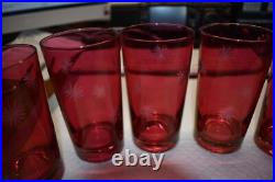 Mid Century Modern Etched Atomic Starbursts Pitcher And 5 Glasses In Cranberry