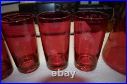 Mid Century Modern Etched Atomic Starbursts Pitcher And 5 Glasses In Cranberry