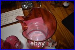 Mid Century Modern Etched Atomic Starbursts Pitcher And 5 Glasses In Cranberry
