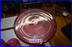 Mid Century Modern Etched Atomic Starbursts Pitcher And 5 Glasses In Cranberry