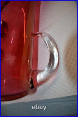 Mid Century Modern Etched Atomic Starbursts Pitcher And 5 Glasses In Cranberry