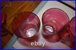 Mid Century Modern Etched Atomic Starbursts Pitcher And 5 Glasses In Cranberry