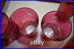 Mid Century Modern Etched Atomic Starbursts Pitcher And 5 Glasses In Cranberry