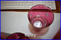 Mid Century Modern Etched Atomic Starbursts Pitcher And 5 Glasses In Cranberry