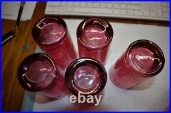 Mid Century Modern Etched Atomic Starbursts Pitcher And 5 Glasses In Cranberry