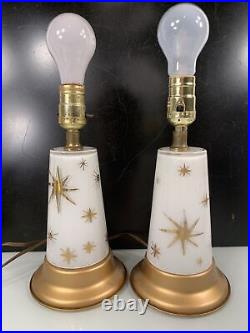 Mid Century Modern Milk Glass Atomic Starburst Lamps Pair 10.5