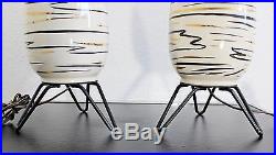 Mid Century Modern Pair of Atomic Ceramic Table Lamps Iron Hairpin Tripod 1950s
