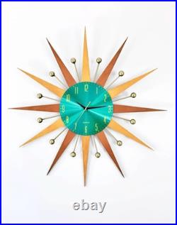 Mid Century Modern Wall Clock 31 Sunburst Teal Retro Decor Atomic