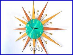 Mid Century Modern Wall Clock 31 Sunburst Teal Retro Decor Atomic