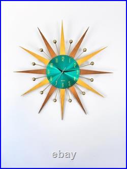 Mid Century Modern Wall Clock 31 Sunburst Teal Retro Decor Atomic