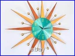 Mid Century Modern Wall Clock 31 Sunburst Teal Retro Decor Atomic