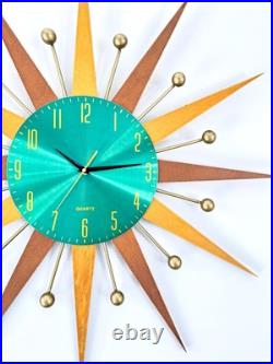 Mid Century Modern Wall Clock 31 Sunburst Teal Retro Decor Atomic