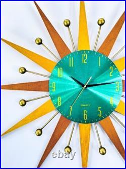 Mid Century Modern Wall Clock 31 Sunburst Teal Retro Decor Atomic