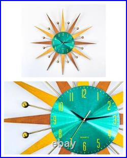 Mid Century Modern Wall Clock 31 Sunburst Teal Retro Decor Atomic