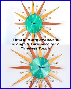 Mid Century Modern Wall Clock 31 Sunburst Teal Retro Decor Atomic