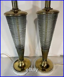 Mid Century Sputnik Fine Rib Smoke Glass Cone Marble Base Table Lamps Atomic
