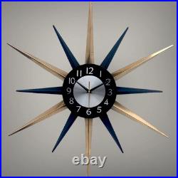 Mid Century Starburst Wall Clock Navy Blue & Gold Retro Atomic Design 30 Modern