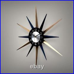 Mid Century Starburst Wall Clock Navy Blue & Gold Retro Atomic Design 30 Modern