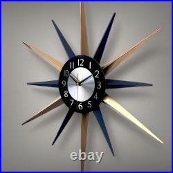 Mid Century Starburst Wall Clock Navy Blue & Gold Retro Atomic Design 30 Modern