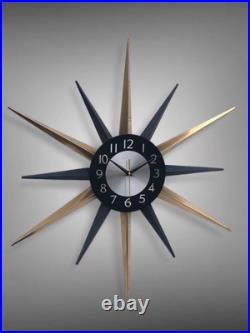 Mid Century Starburst Wall Clock Navy Blue & Gold Retro Atomic Design 30 Modern