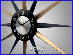 Mid Century Starburst Wall Clock Navy Blue & Gold Retro Atomic Design 30 Modern