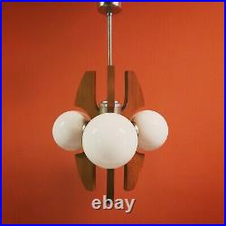 Original 1960's atomic 3 globe space age wood metal glass pendant ceiling light