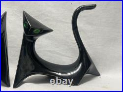 PAIR Mid Century Modern Atomic Space Age BLACK CERAMIC CAT FIGURINES GREEN EYES PAIR Mid Century Modern Atomic Space Age BLACK CERAMIC CAT FIGURINES GREEN EYES